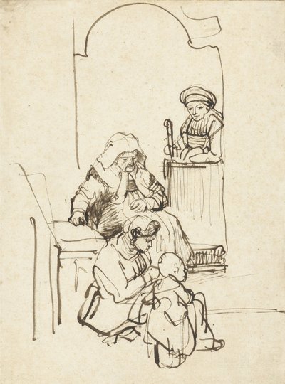 Drei Frauen und ein Kind an einer Tür, ca. 1645 von Rembrandt van Rijn